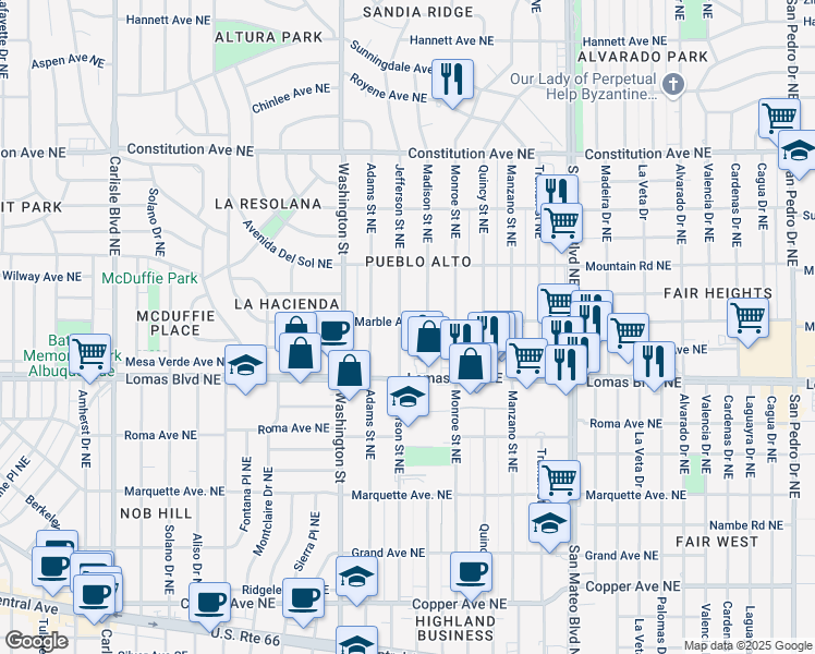 map of restaurants, bars, coffee shops, grocery stores, and more near 701 Jefferson Street Northeast in Albuquerque
