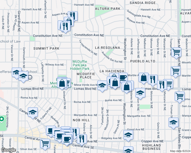 map of restaurants, bars, coffee shops, grocery stores, and more near 725 Montclaire Drive Northeast in Albuquerque