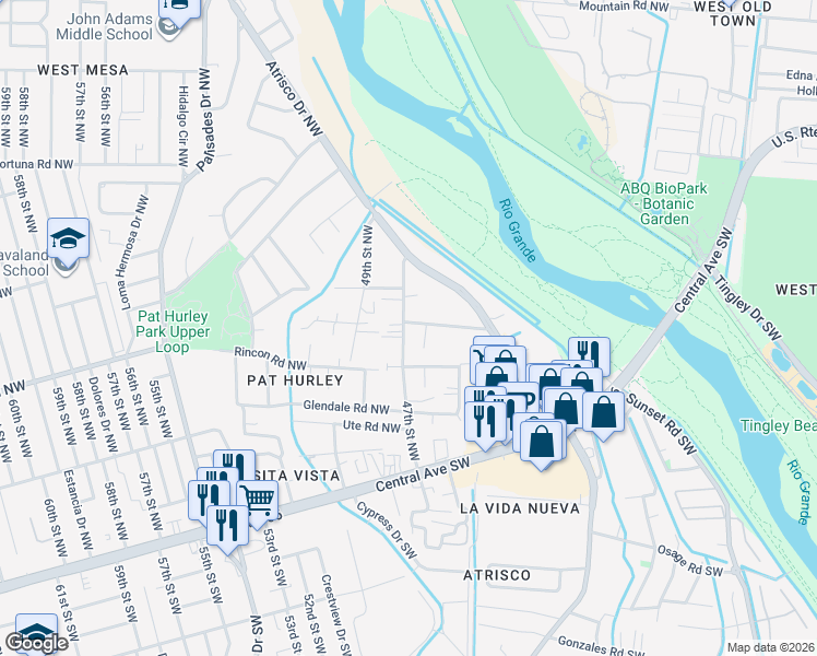 map of restaurants, bars, coffee shops, grocery stores, and more near 3419 Herrera Road Northwest in Albuquerque