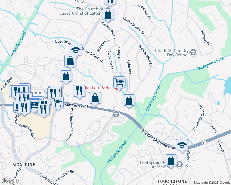 map of restaurants, bars, coffee shops, grocery stores, and more near 6404 Bannington Road in Charlotte