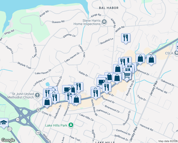 map of restaurants, bars, coffee shops, grocery stores, and more near 4715 Murray Lake Lane in Chattanooga
