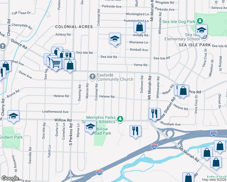 map of restaurants, bars, coffee shops, grocery stores, and more near 1536 Hopewell Road in Memphis