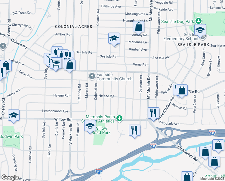 map of restaurants, bars, coffee shops, grocery stores, and more near 1536 Hopewell Road in Memphis