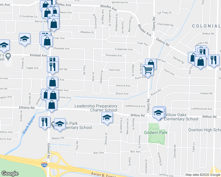 map of restaurants, bars, coffee shops, grocery stores, and more near 4198 Atwood Avenue in Memphis