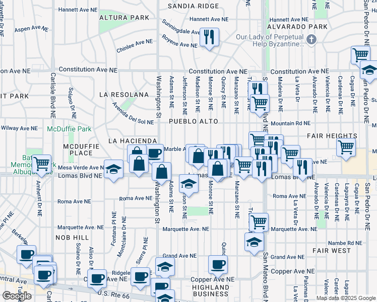 map of restaurants, bars, coffee shops, grocery stores, and more near 701 Jefferson Street Northeast in Albuquerque