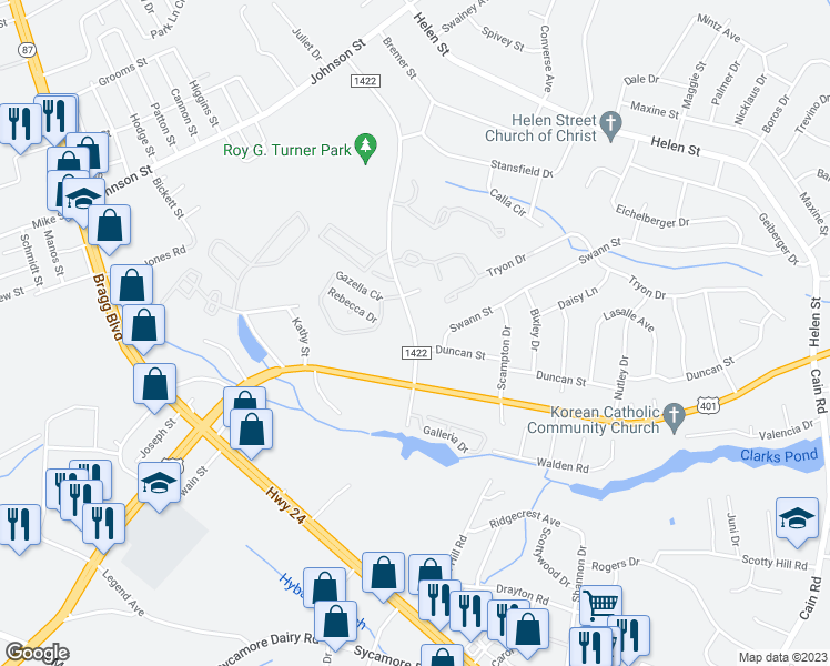 map of restaurants, bars, coffee shops, grocery stores, and more near 4400 Blanton Road in Fayetteville