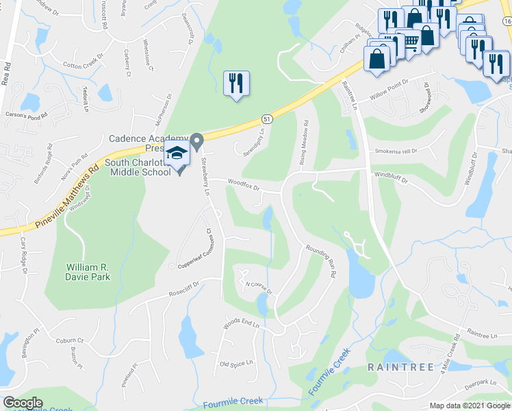 map of restaurants, bars, coffee shops, grocery stores, and more near 4286 Burning Tree Drive in Charlotte