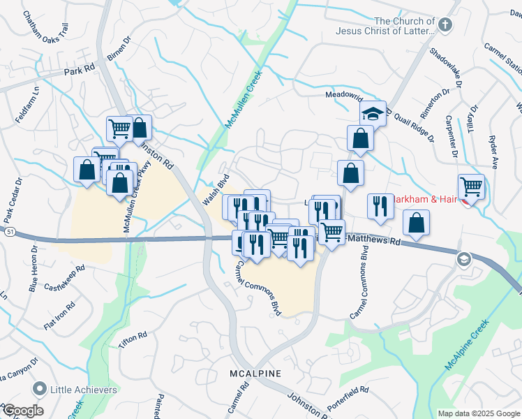 map of restaurants, bars, coffee shops, grocery stores, and more near 7755 Little Avenue in Charlotte