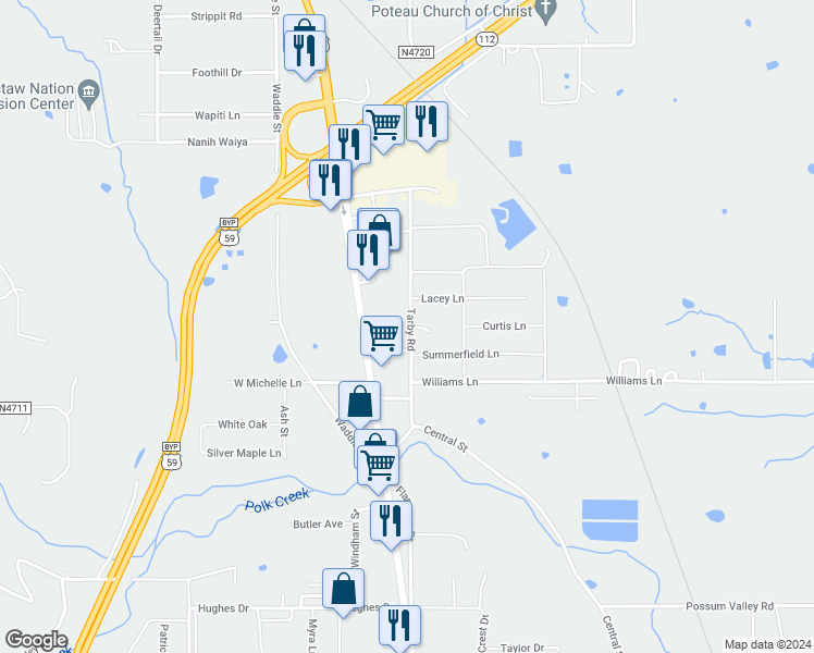 map of restaurants, bars, coffee shops, grocery stores, and more near 1001 Tarby Road in Poteau