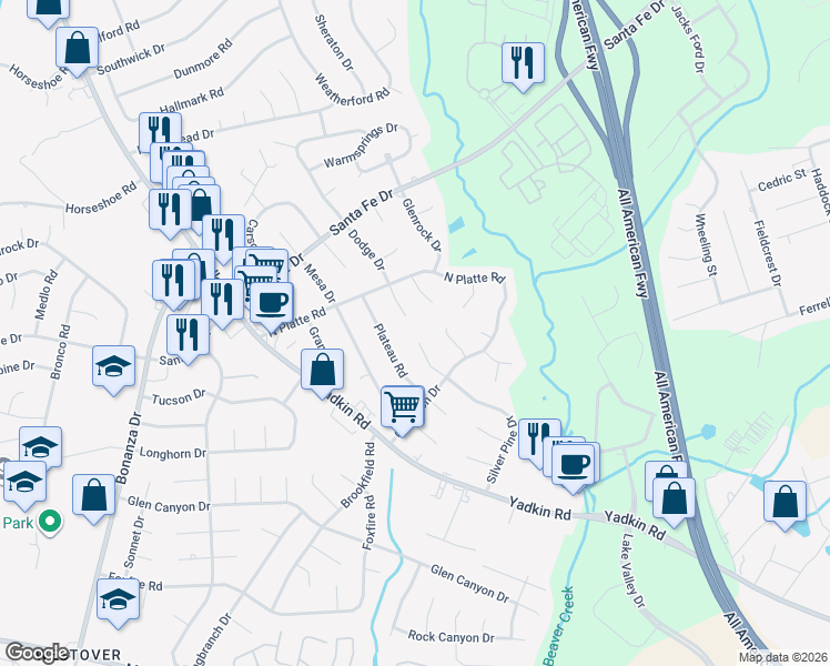 map of restaurants, bars, coffee shops, grocery stores, and more near 5443 Dodge Court in Fayetteville