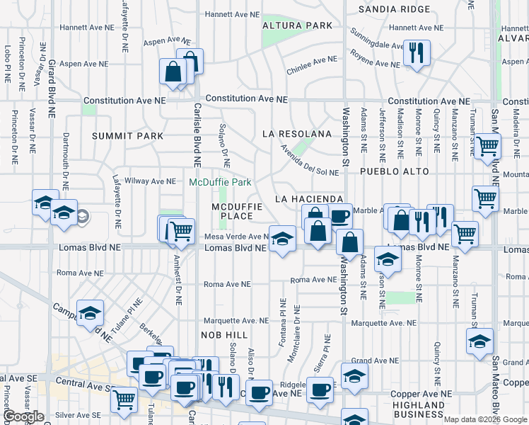 map of restaurants, bars, coffee shops, grocery stores, and more near 725 Montclaire Drive Northeast in Albuquerque