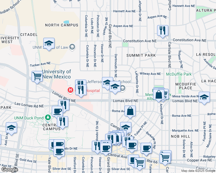 map of restaurants, bars, coffee shops, grocery stores, and more near 815 Girard Boulevard Northeast in Albuquerque