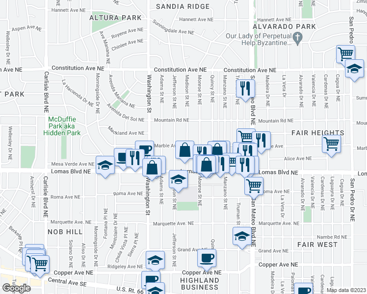 map of restaurants, bars, coffee shops, grocery stores, and more near 623 Madison Street Northeast in Albuquerque