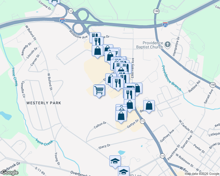 map of restaurants, bars, coffee shops, grocery stores, and more near 150 Walton Drive in Gaffney