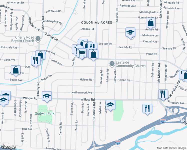 map of restaurants, bars, coffee shops, grocery stores, and more near 1555 South Perkins Road in Memphis