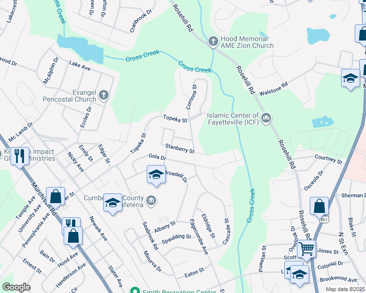 map of restaurants, bars, coffee shops, grocery stores, and more near 1850 Stanberry Street in Fayetteville