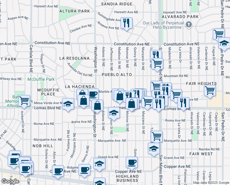 map of restaurants, bars, coffee shops, grocery stores, and more near 701 Jefferson Street Northeast in Albuquerque