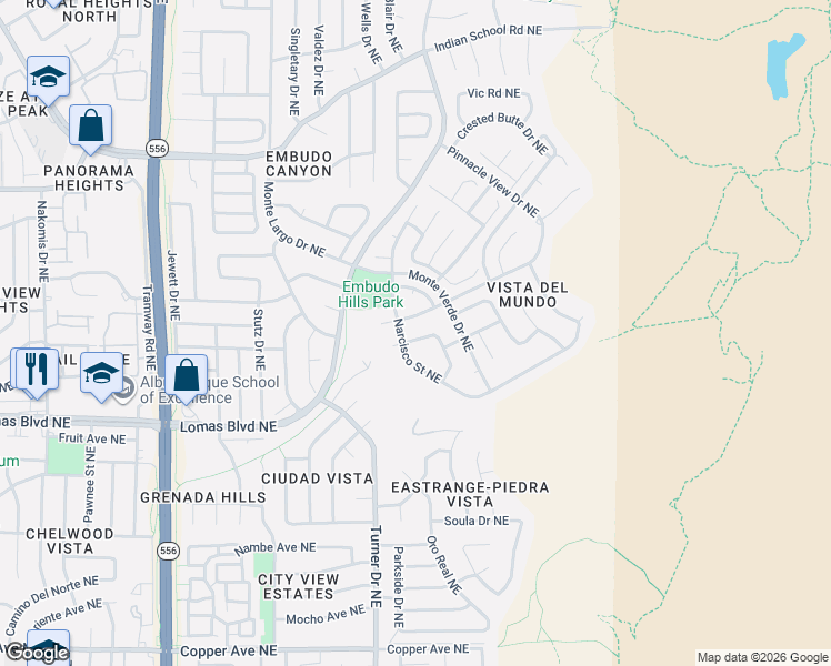map of restaurants, bars, coffee shops, grocery stores, and more near 1200 Pinnacle View Drive Northeast in Albuquerque