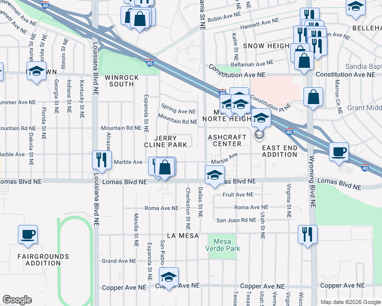 map of restaurants, bars, coffee shops, grocery stores, and more near 1019 Pennsylvania Street Northeast in Albuquerque