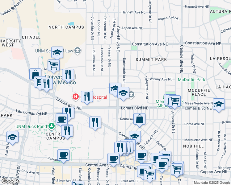 map of restaurants, bars, coffee shops, grocery stores, and more near 815 Girard Boulevard Northeast in Albuquerque