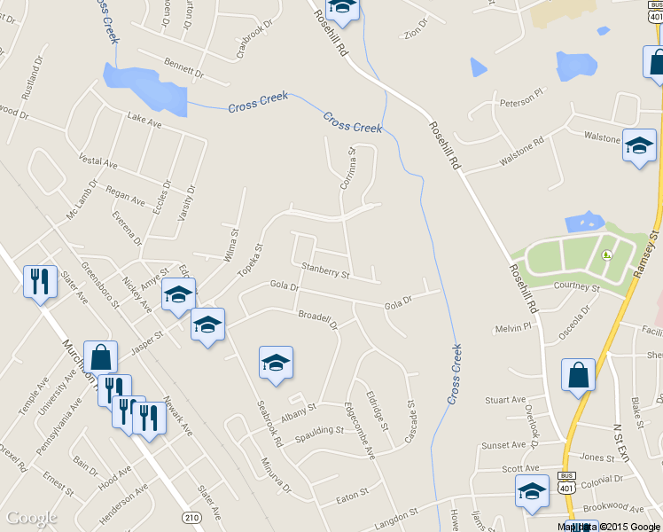 map of restaurants, bars, coffee shops, grocery stores, and more near 1850 Stanberry Street in Fayetteville