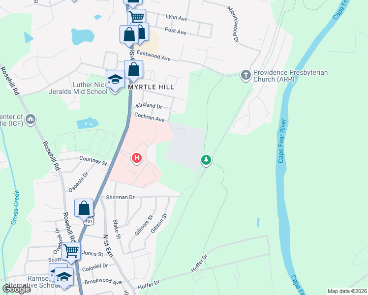 map of restaurants, bars, coffee shops, grocery stores, and more near 214 Cochran Avenue in Fayetteville