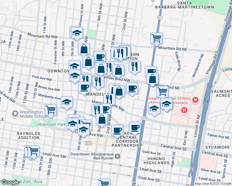 map of restaurants, bars, coffee shops, grocery stores, and more near 600 2nd Street Northwest in Albuquerque