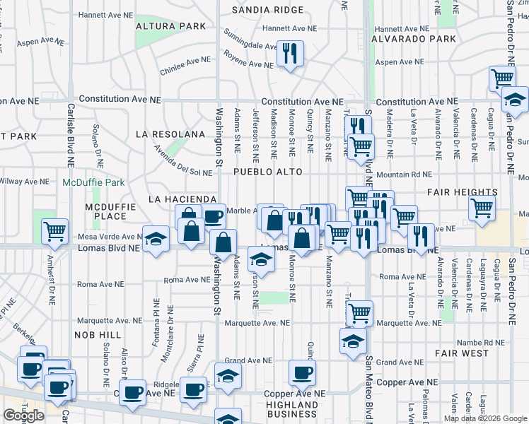 map of restaurants, bars, coffee shops, grocery stores, and more near 701 Jefferson Street Northeast in Albuquerque