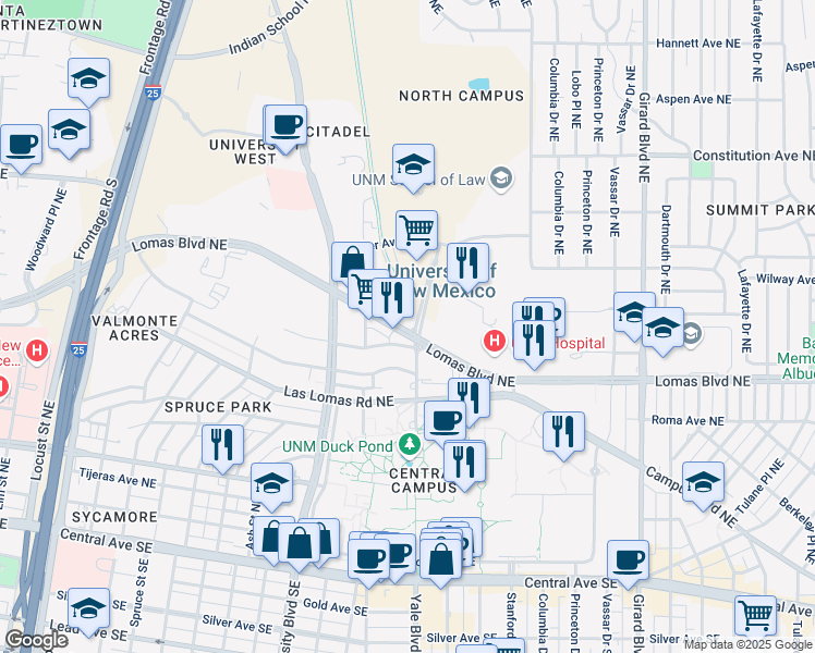 map of restaurants, bars, coffee shops, grocery stores, and more near 1835 Lomas Boulevard Northeast in Albuquerque