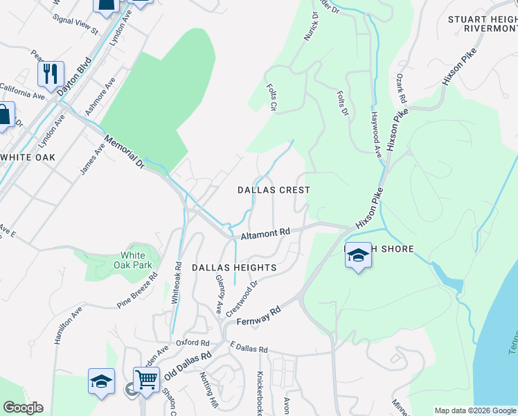 map of restaurants, bars, coffee shops, grocery stores, and more near 2526 Avalon Circle in Chattanooga