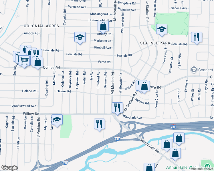 map of restaurants, bars, coffee shops, grocery stores, and more near 1541 Mount Moriah Road in Memphis