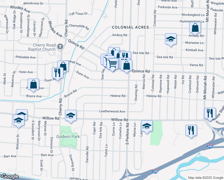 map of restaurants, bars, coffee shops, grocery stores, and more near 4560 Boyce Road in Memphis