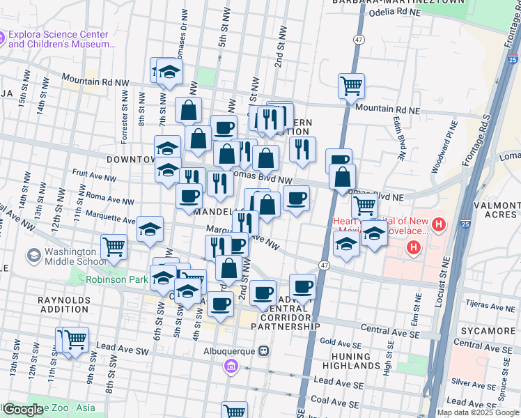 map of restaurants, bars, coffee shops, grocery stores, and more near 600 2nd Street Northwest in Albuquerque