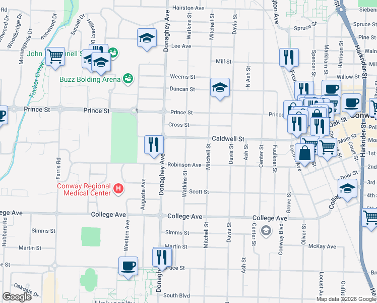map of restaurants, bars, coffee shops, grocery stores, and more near 1926 Robinson Avenue in Conway