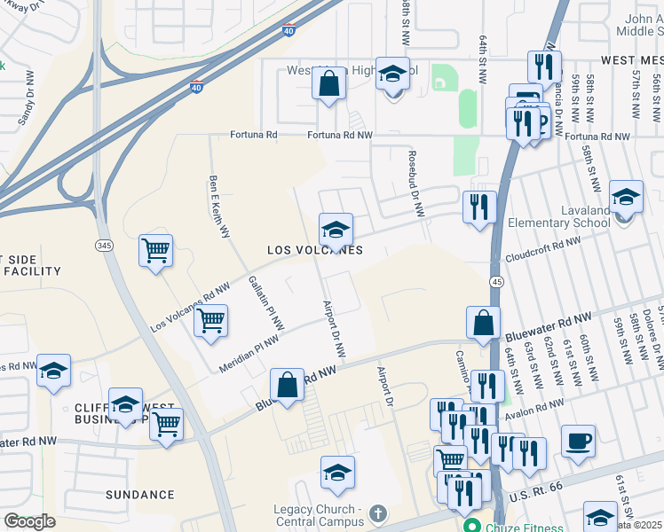 map of restaurants, bars, coffee shops, grocery stores, and more near 6900 Los Volcanes Road Northwest in Albuquerque
