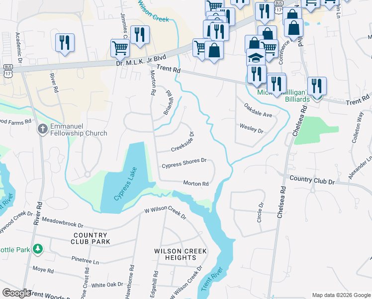 map of restaurants, bars, coffee shops, grocery stores, and more near 4901 Creekside Drive in New Bern