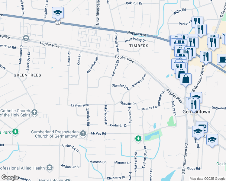 map of restaurants, bars, coffee shops, grocery stores, and more near 7253 Stamford Drive in Germantown