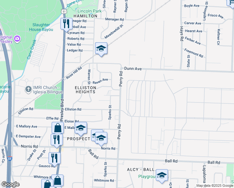 map of restaurants, bars, coffee shops, grocery stores, and more near 1571 Merlin Avenue in Memphis
