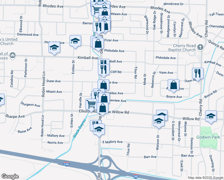 map of restaurants, bars, coffee shops, grocery stores, and more near 3992 Geraldus Avenue in Memphis