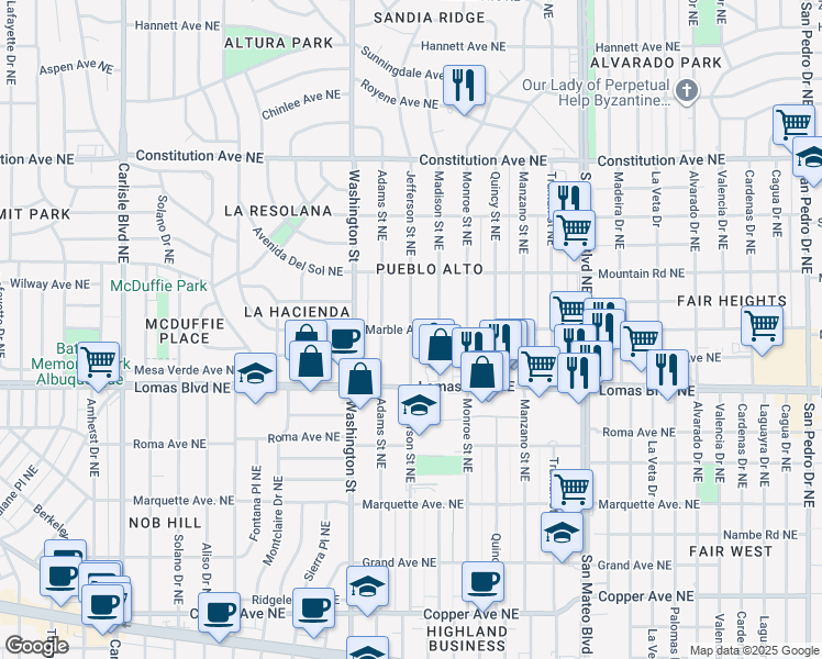 map of restaurants, bars, coffee shops, grocery stores, and more near 4700 Marble Avenue Northeast in Albuquerque