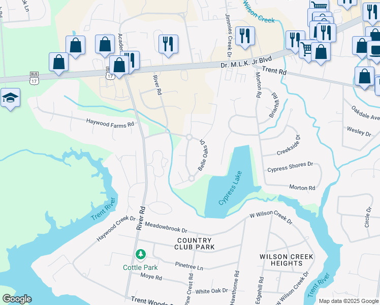 map of restaurants, bars, coffee shops, grocery stores, and more near 309 Fishing Creek Drive in New Bern