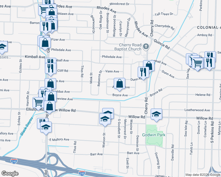 map of restaurants, bars, coffee shops, grocery stores, and more near 4198 Atwood Avenue in Memphis