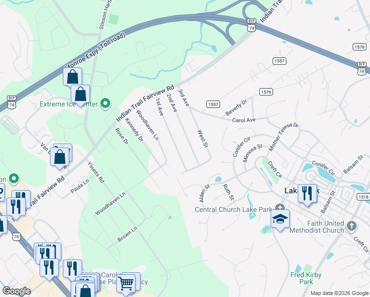 map of restaurants, bars, coffee shops, grocery stores, and more near 6618 2nd Avenue in Indian Trail