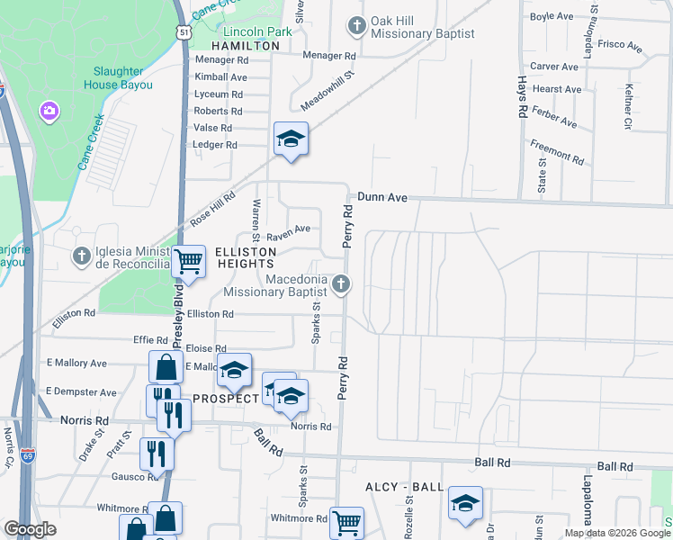 map of restaurants, bars, coffee shops, grocery stores, and more near 1560 Cane Road in Memphis