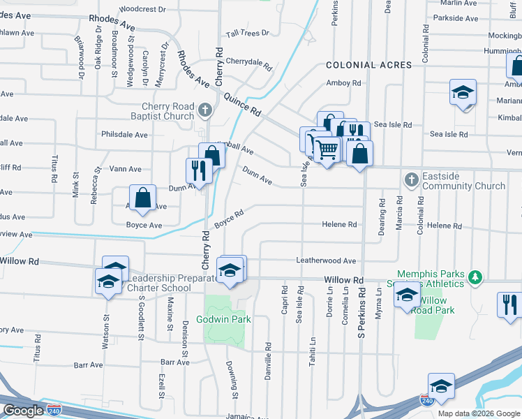 map of restaurants, bars, coffee shops, grocery stores, and more near 4473 Boyce Road in Memphis