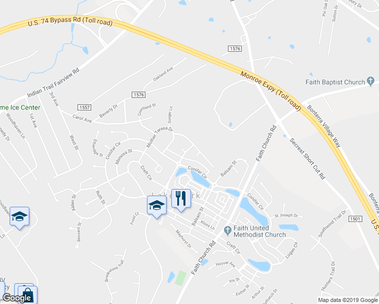 map of restaurants, bars, coffee shops, grocery stores, and more near 4100 Lake Park Road in Indian Trail