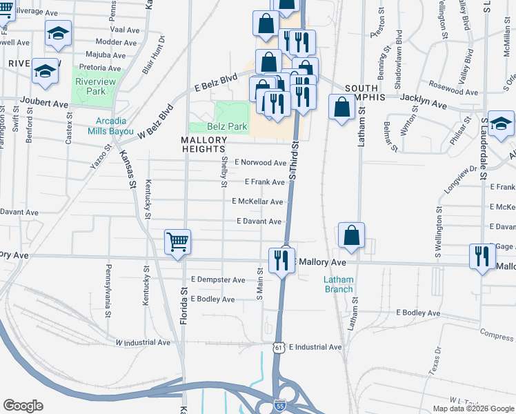 map of restaurants, bars, coffee shops, grocery stores, and more near 133 E McKellar Ave in Memphis