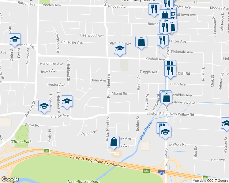 map of restaurants, bars, coffee shops, grocery stores, and more near 3718 Miami Road in Memphis