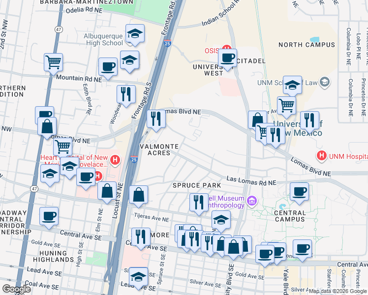 map of restaurants, bars, coffee shops, grocery stores, and more near 1105 Sigma Chi Road Northeast in Albuquerque
