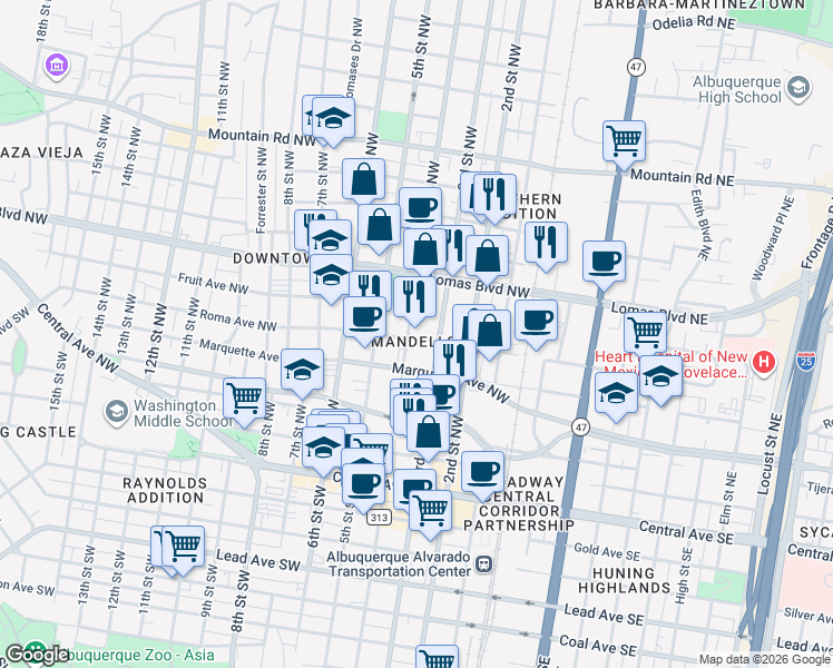 map of restaurants, bars, coffee shops, grocery stores, and more near 355 West Antelope Circle Southeast in Albuquerque